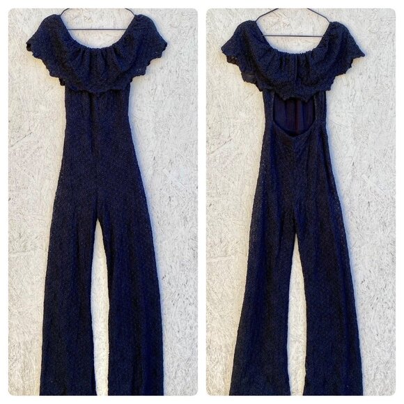 Nightcap Clothing Stretch Lace Ruffle Off Shoulder Open Back Jumpsuit Sz XS - Picture 1 of 10